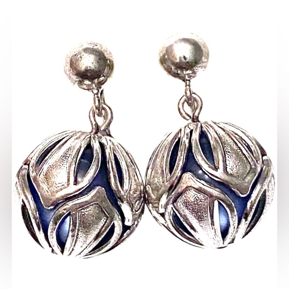 Vintage 1940s FORSTNER Sterling Silver Blue Ball Earrings Clip On Screw Back